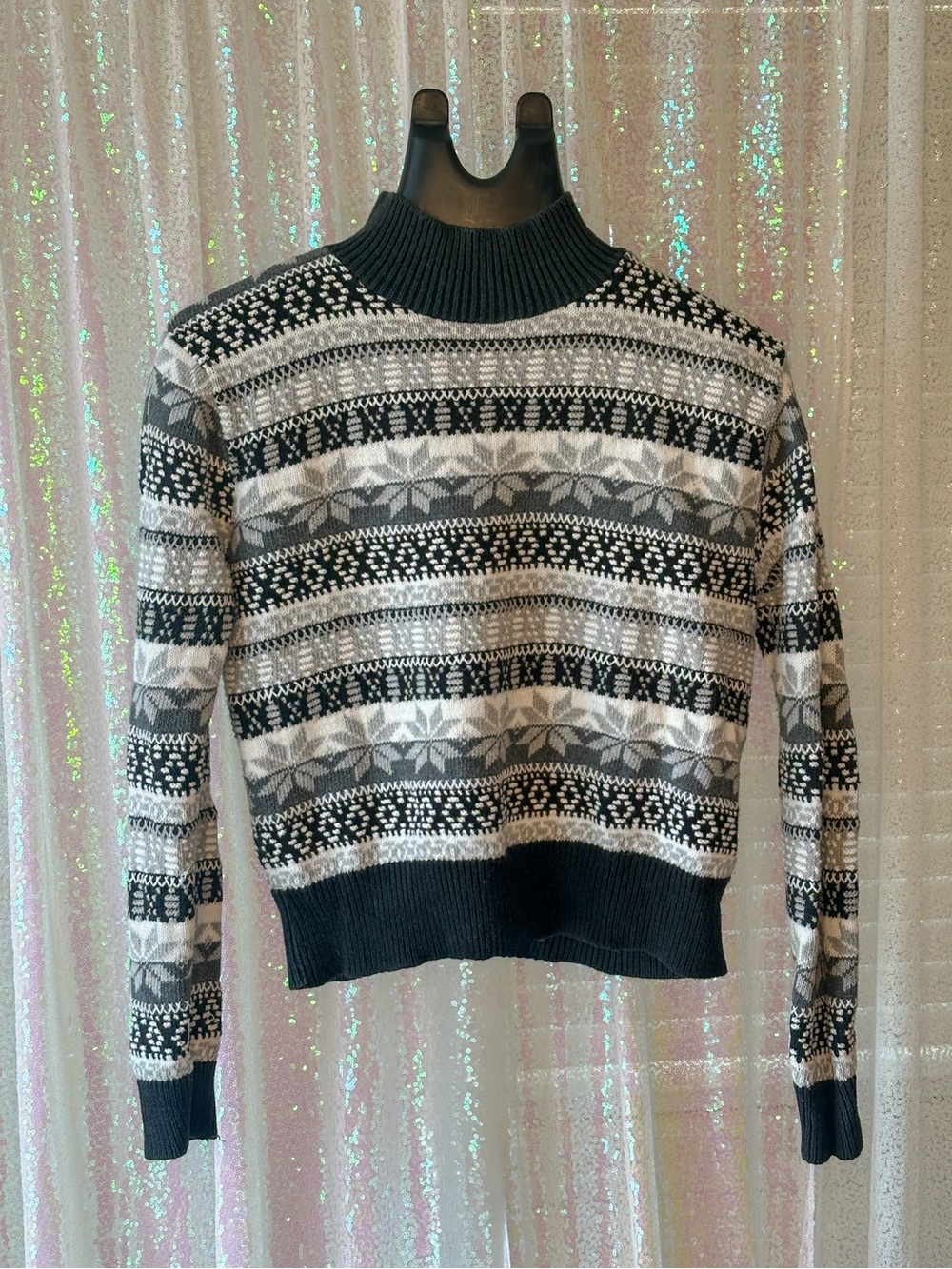 B. Moss Unisex Black & Gray Nordic Style Fair Isle Turtleneck Sweater Size Small
